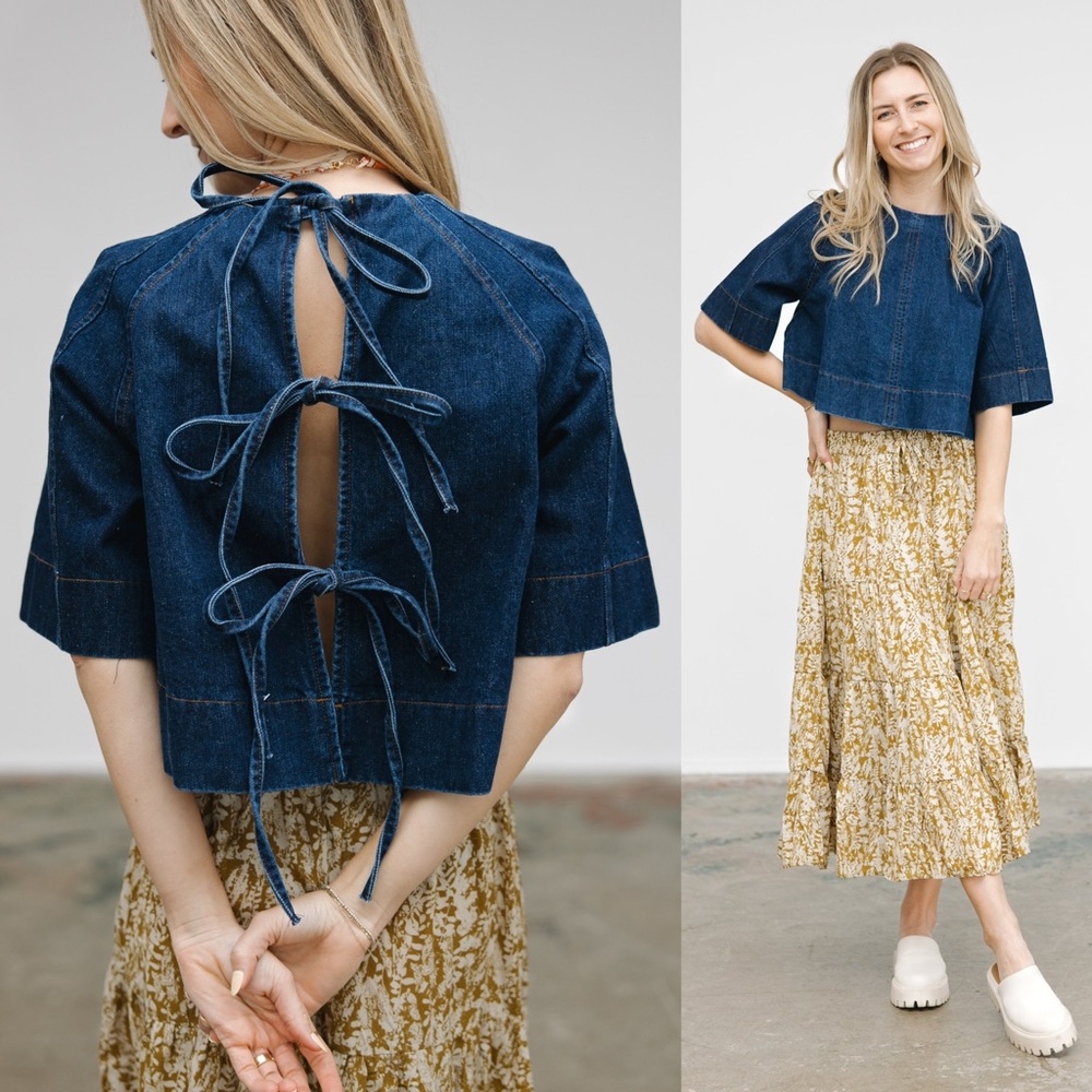 KLESIS Dalia Denim Tie Back Top Indigo Blue Open Back Size Small - Picture 2 of 7